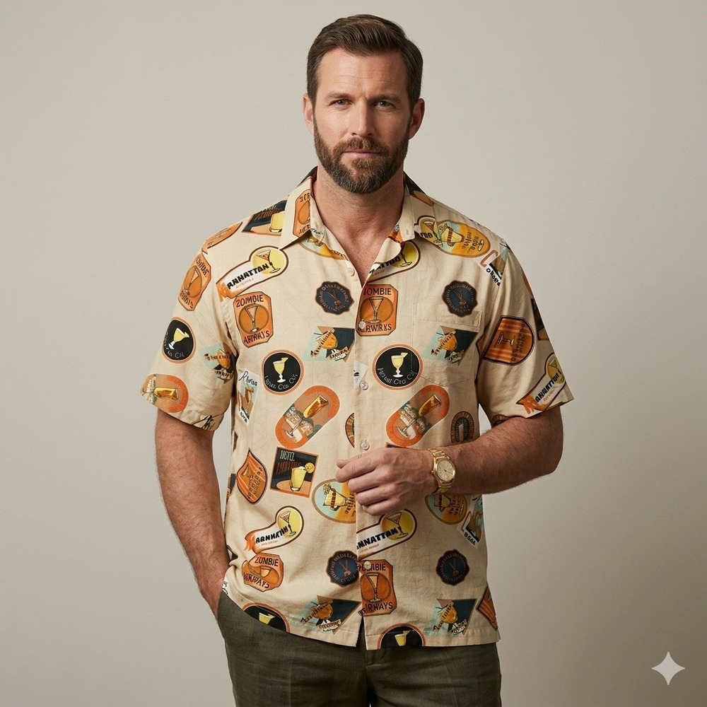Tori Richard Mens 3XB Aloha Shirt Vintage Cocktail Label Print Tan Orange‎ 0710